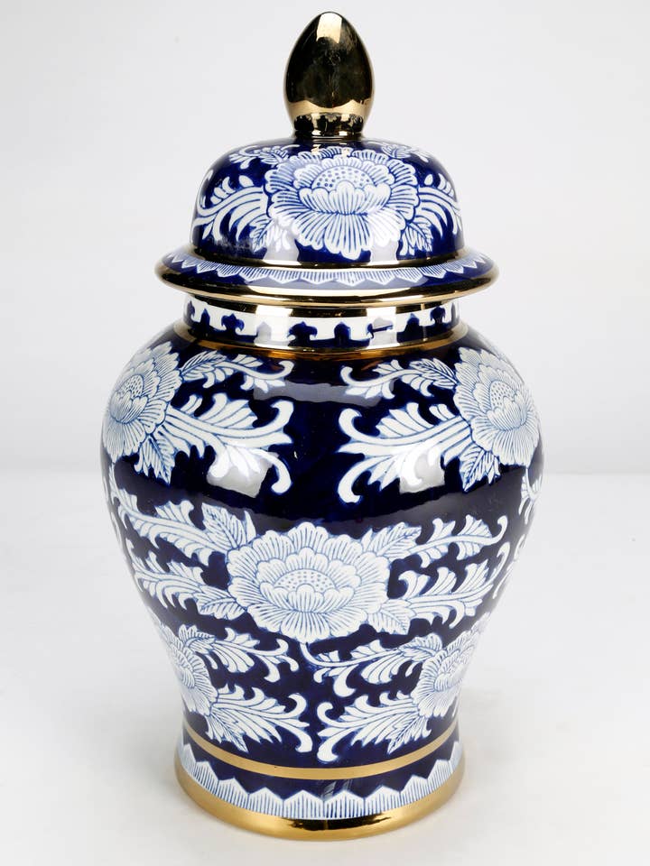 18 Inch Blue and White Temple Jar with Gold Trim for wholesale by AA Importing