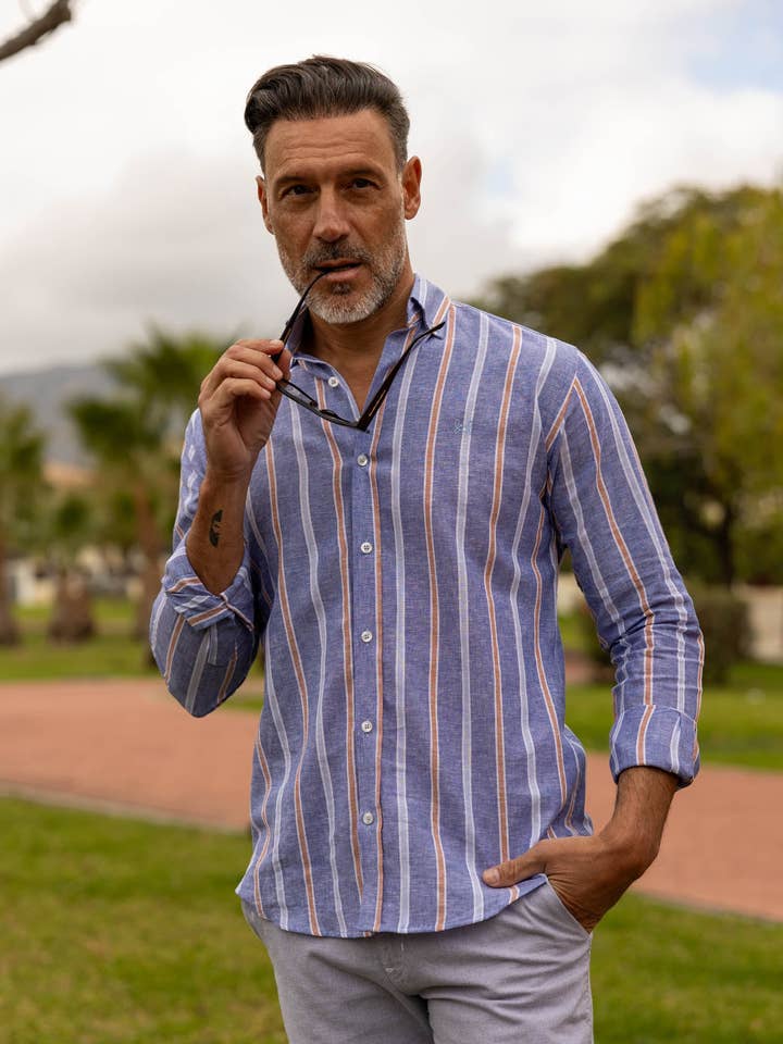 Custi Mikelo - Wholesale Button Down Shirt - Men's - Blue Orange Striped Linen Shirt | Alcudia