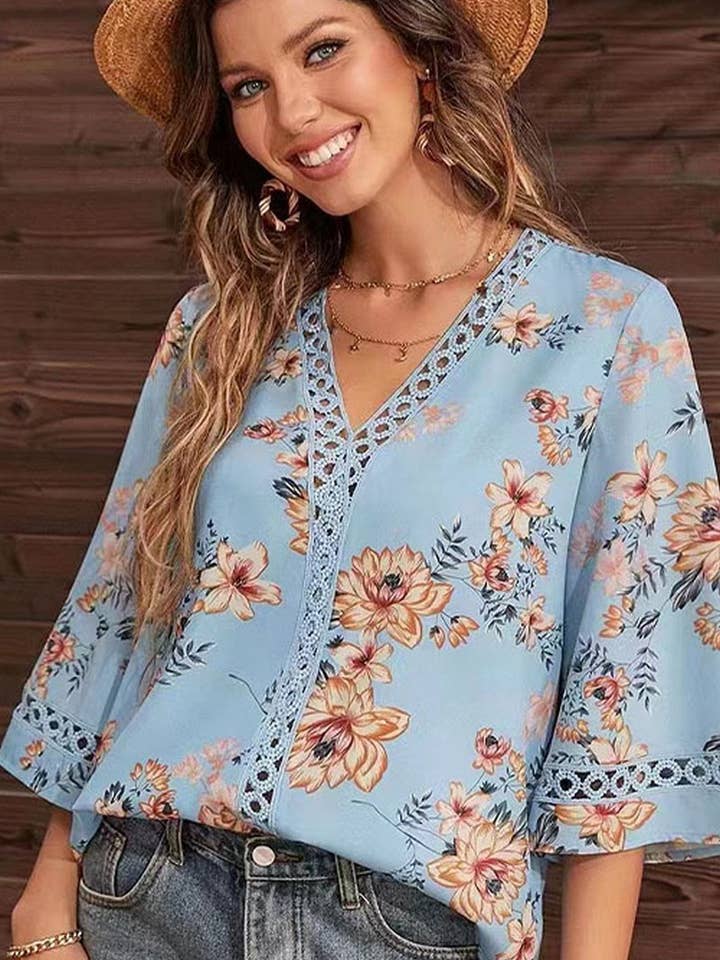 NINEXIS - Wholesale Blouse - Women's - CWTBLS2037_LOOSE FIT V-NECK BELL SLEEVE LACE CHIFFON TOP