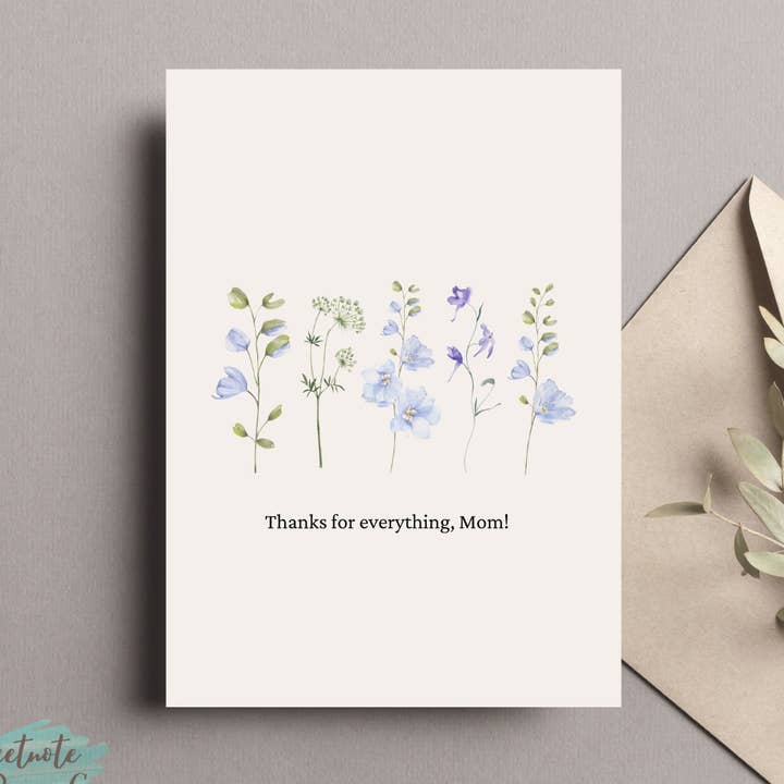 Carte Merci pour Tout, Maman - Fleurs Bleues Simples pour la vente par SweetNotePaperCo