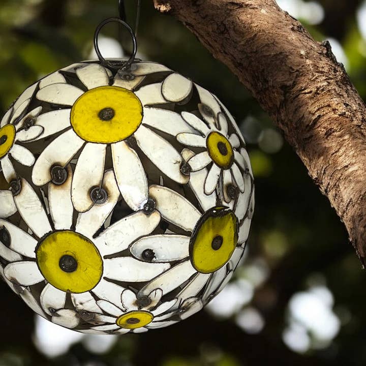 Oversize Metal White Daisy Flowers Ball ornament for wholesale by Blue Goat Garden Decor