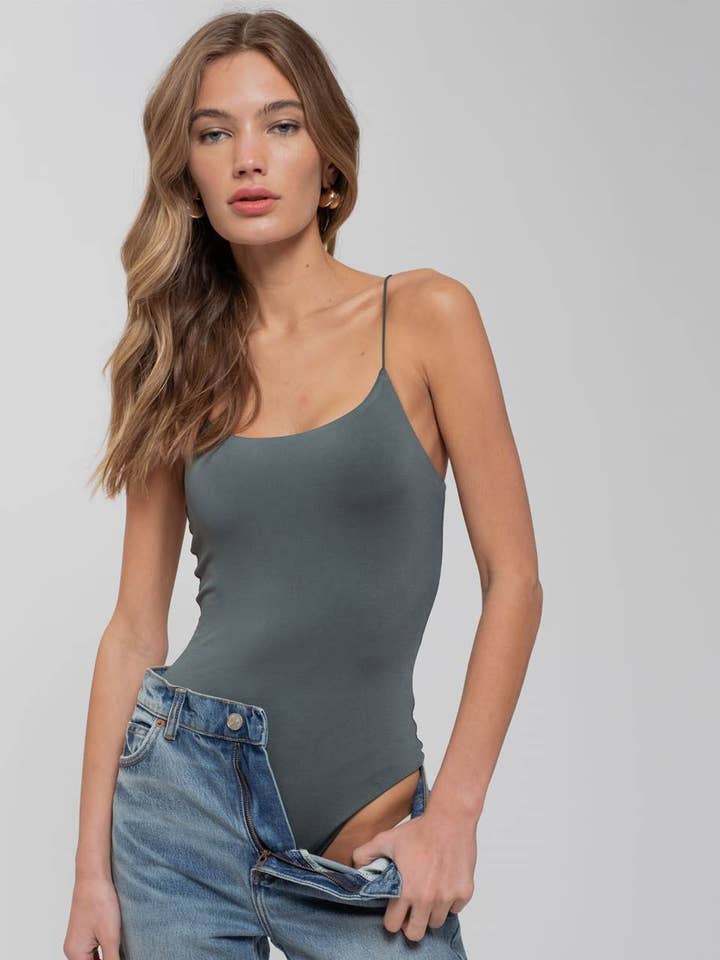 THIN STRAP SEAMLESS KNIT CAMI BODYSUIT for wholesale by The Workshop Studio