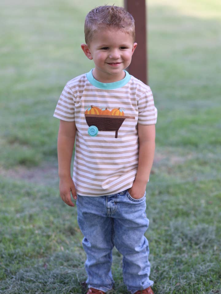 Posh Pickle – wholesale T-shirt – Kids – Pumpkin Harvest Boys' Tan Stripe Knit Shirt with Pumpkin Wheelbarrow Applique3