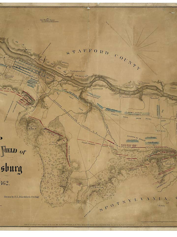 Map of the Battle Field of Fredericksburg, Dec. 13, 1862 (Map of the Battlefield of Fredericksburg, Dec. 13, 1862) 1866 for wholesale by Relic Map Co.