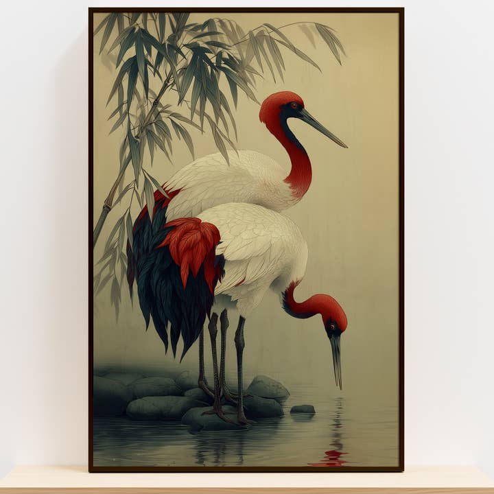Japandi Wabi Sabi Decor – Two Red-Crowned Cranes Artwork for wholesale by IuliiaArtPrints