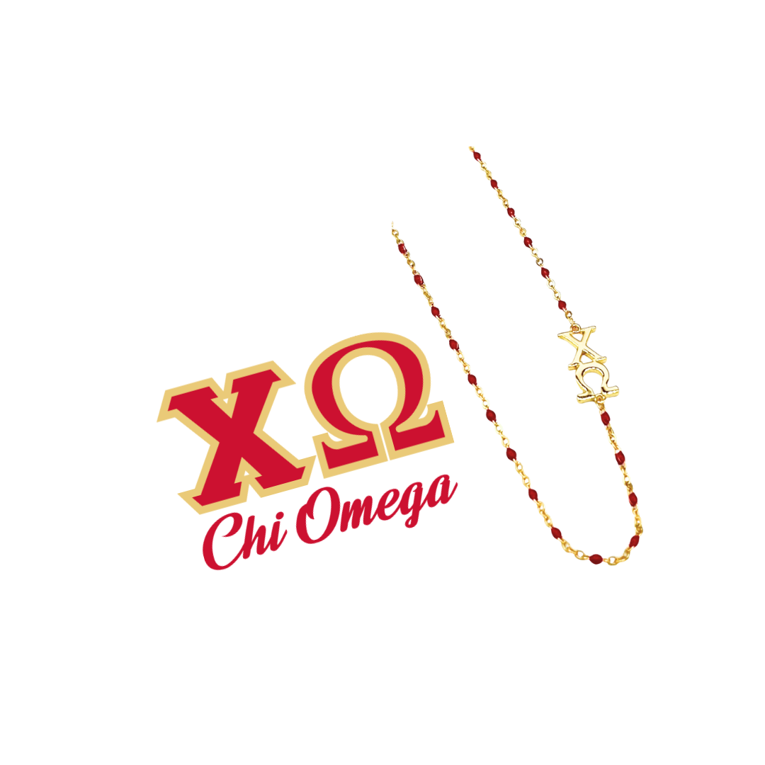 Rosso La collana Chi Omega: collana con perline smaltate Ω con set laterale in vendita all'ingrosso su Faire4
