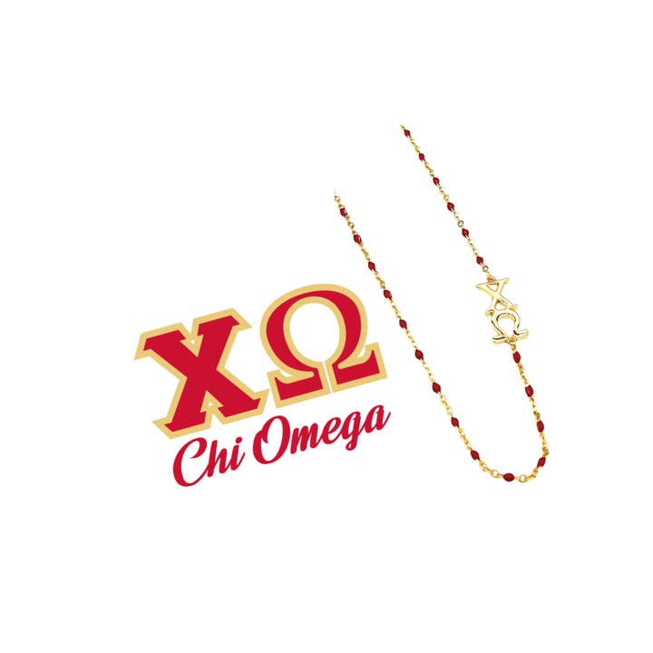 Rosso La collana Chi Omega: collana con perline smaltate Ω con set laterale in vendita all'ingrosso su Faire4