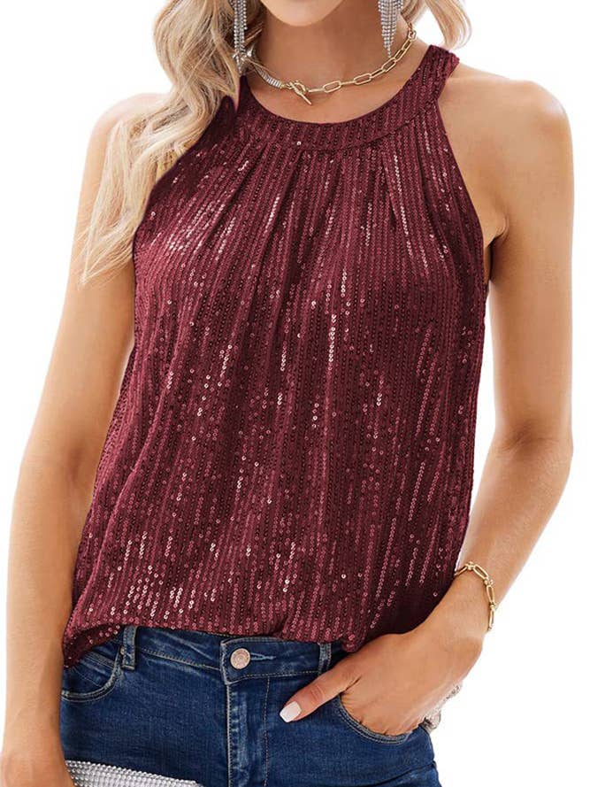 UNISHE - Wholesale Tank Top - Women's - Plain Sequin Halter Tank Top ZZKF9786