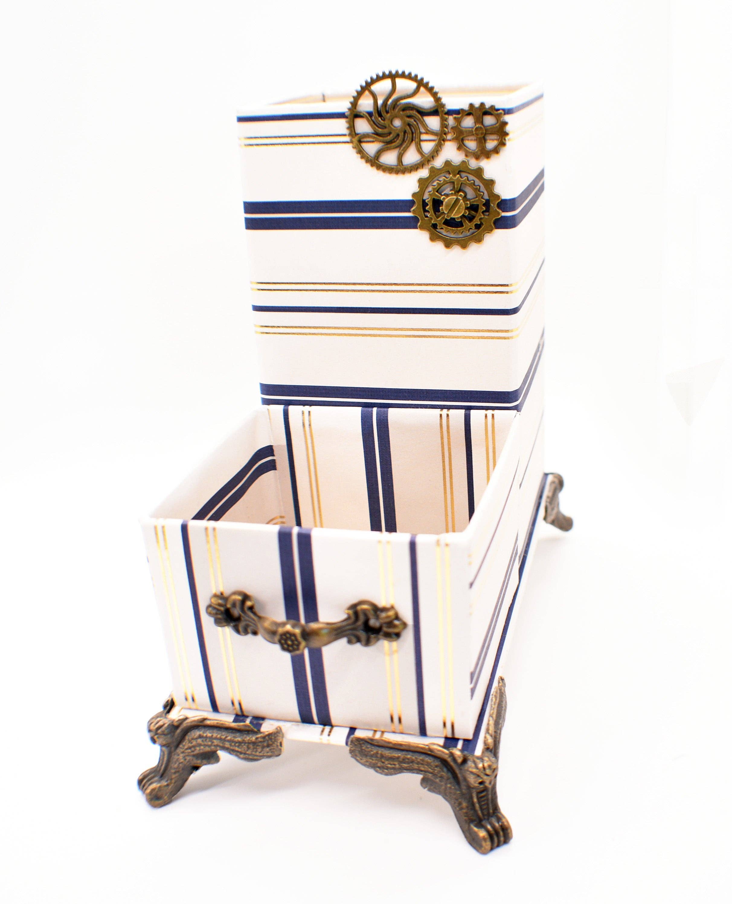 Chic Brico - Wholesale Desk Organizer - Navy Blue & Gold Nautical Stripes Desktop Organizer for Pens and Clips w/Metal Gears Accent