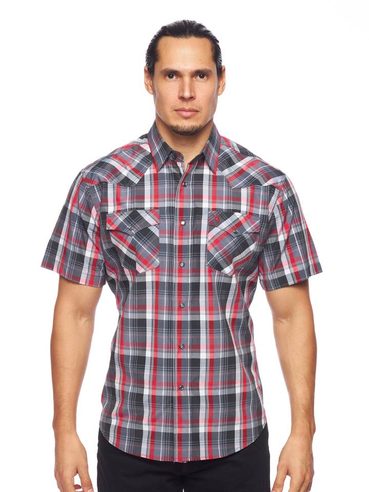 Camicia a quadri Pearl Snaps a manica corta western da uomo per la vendita all'ingrosso da parte di Rodeo Clothing