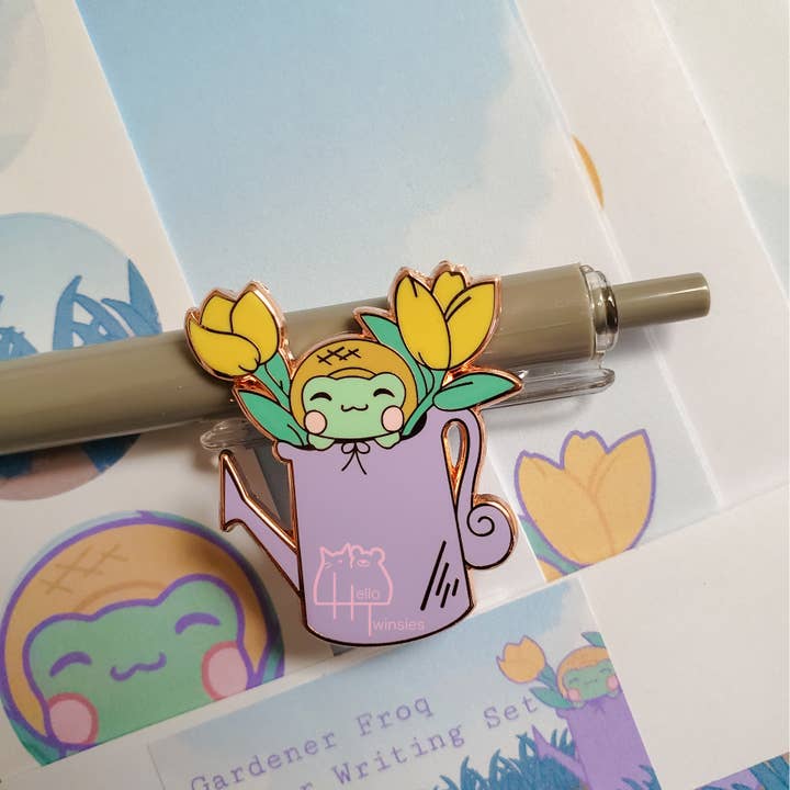 Gardener Frog Enamel Pin for wholesale by HelloTwinsies