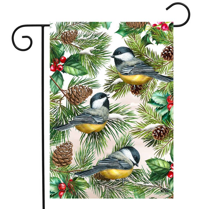Winter Chickadees Garden Flag 18" x 12.5" Briarwood Lane for wholesale by Briarwood Lane