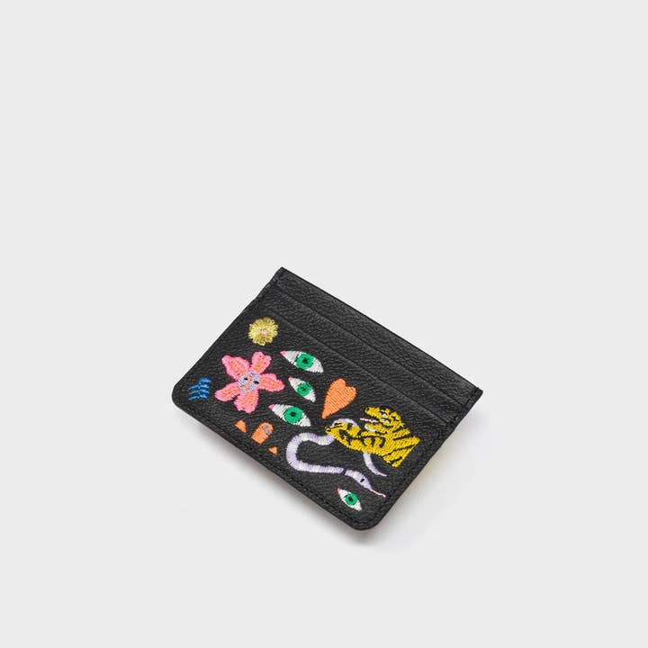 Min & Mon - Wholesale Card Holder - Women's - Filium Black Leather Cardholder - Autumn Blush Embroidery2