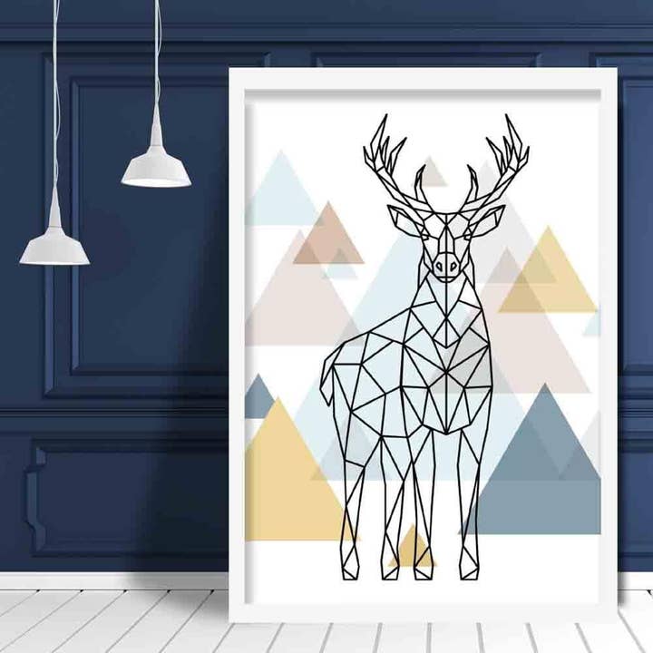 Póster Majestic Stag abstracto multicolor geométrico escandinavo azul, amarillo y beige para venta al por mayor de Artze Wall Art