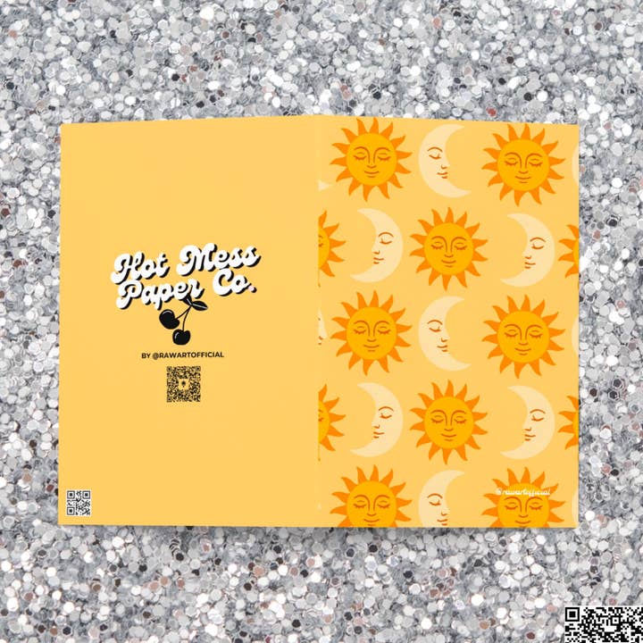 Carte à motif Soleil et Lune : Carte de vœux céleste rétro avec design jaune chaud Y2K et esthétique cosmique pour la vente par Hot Mess Paper Co.