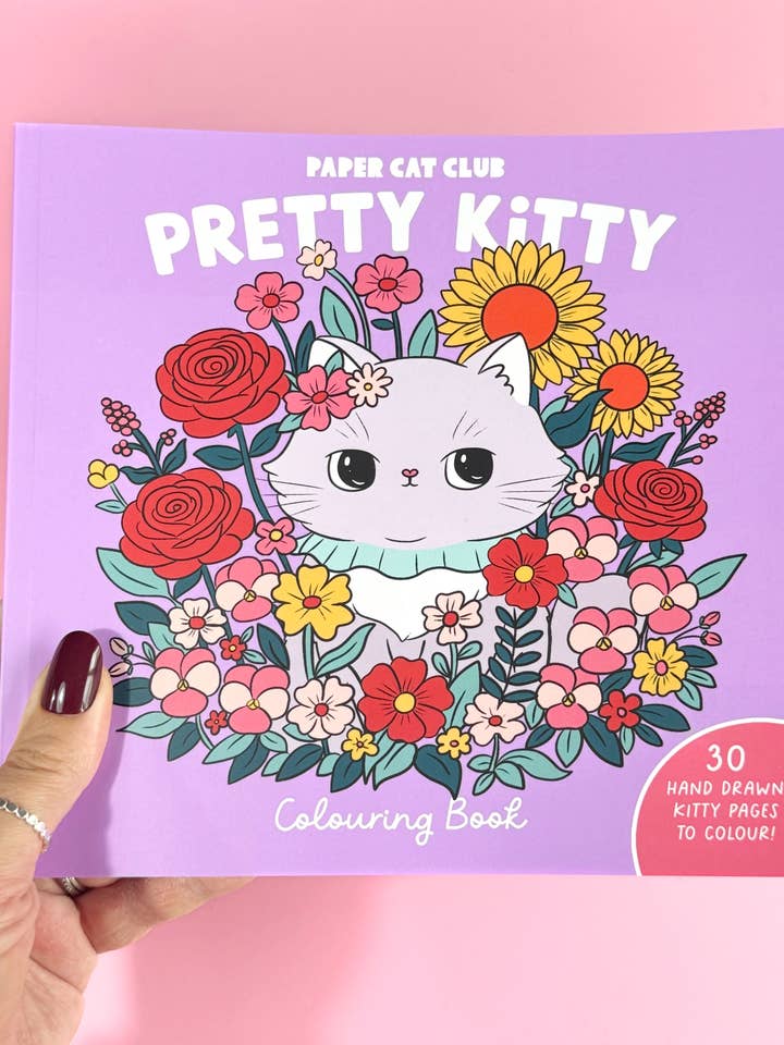 Pretty Kitty colouring book - 30 hand drawn pages to colour for wholesale by Paper Cat Club
