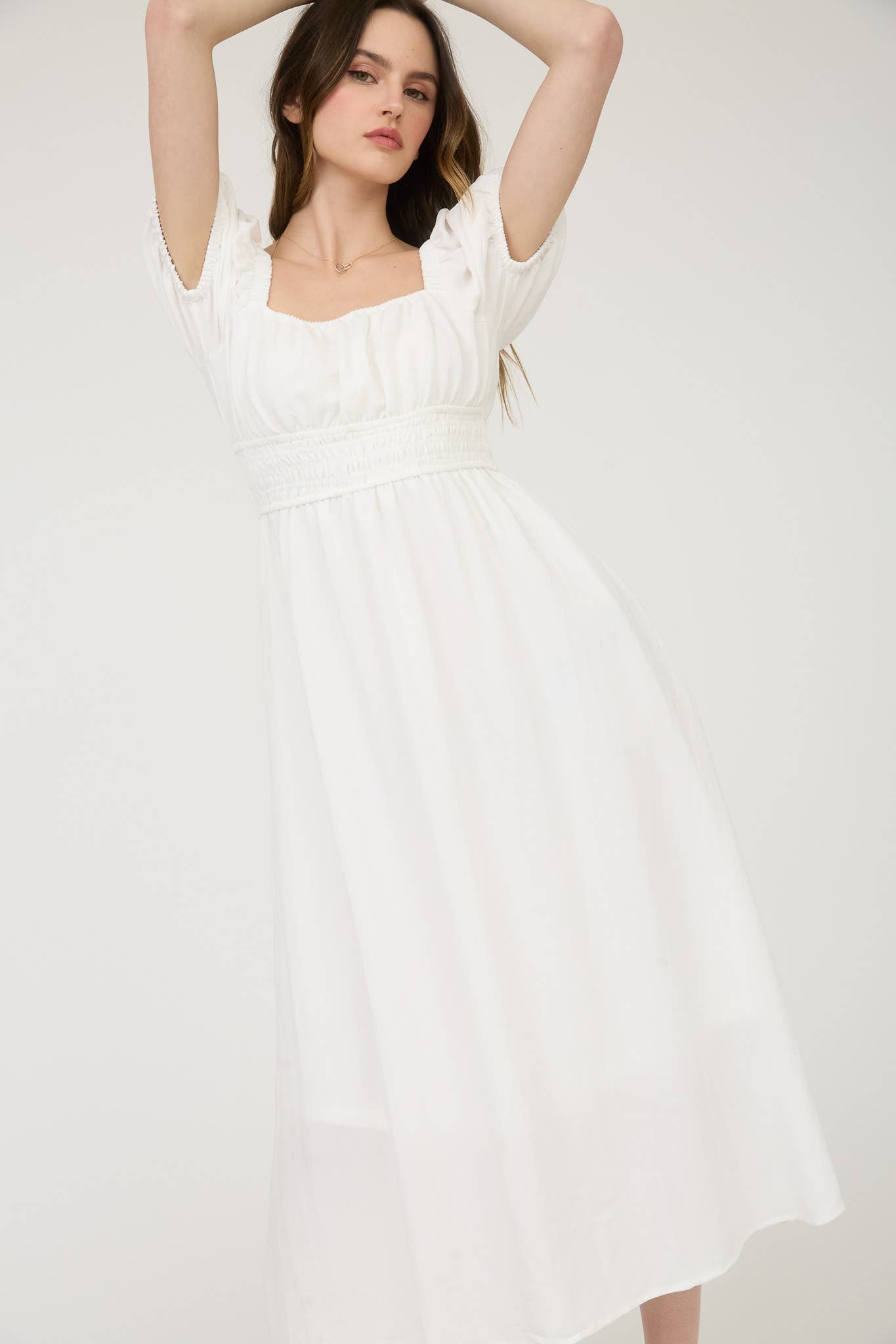 MINE – wholesale Dress – Women's – SOLID SMOCKED WAIST BALLOON SLEEVE MIDI DRESS18