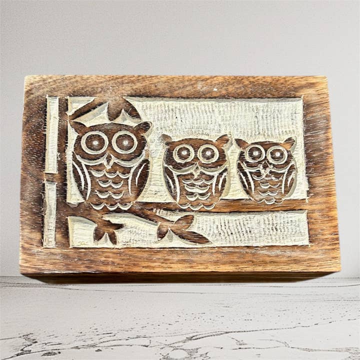 Three Wise Owl Whitewashed Wood Box for wholesale by Hopes Unlimited