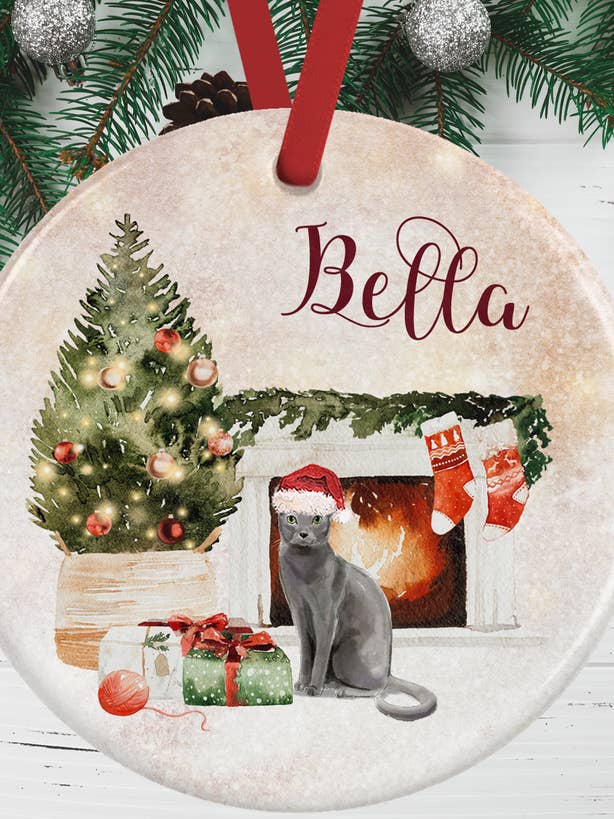 Decorazione natalizia blu con gatto russo per la vendita all'ingrosso da parte di WagATudeTags