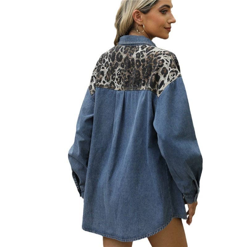 BLUE Loose-Fit Leopard Print Color Block Denim Shirt for wholesale on Faire5