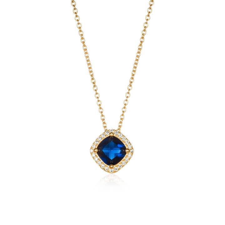Gold Plated Sterling Silver Blue Cubic Zirconia Cushion Halo Pendant Necklace for wholesale by Namana
