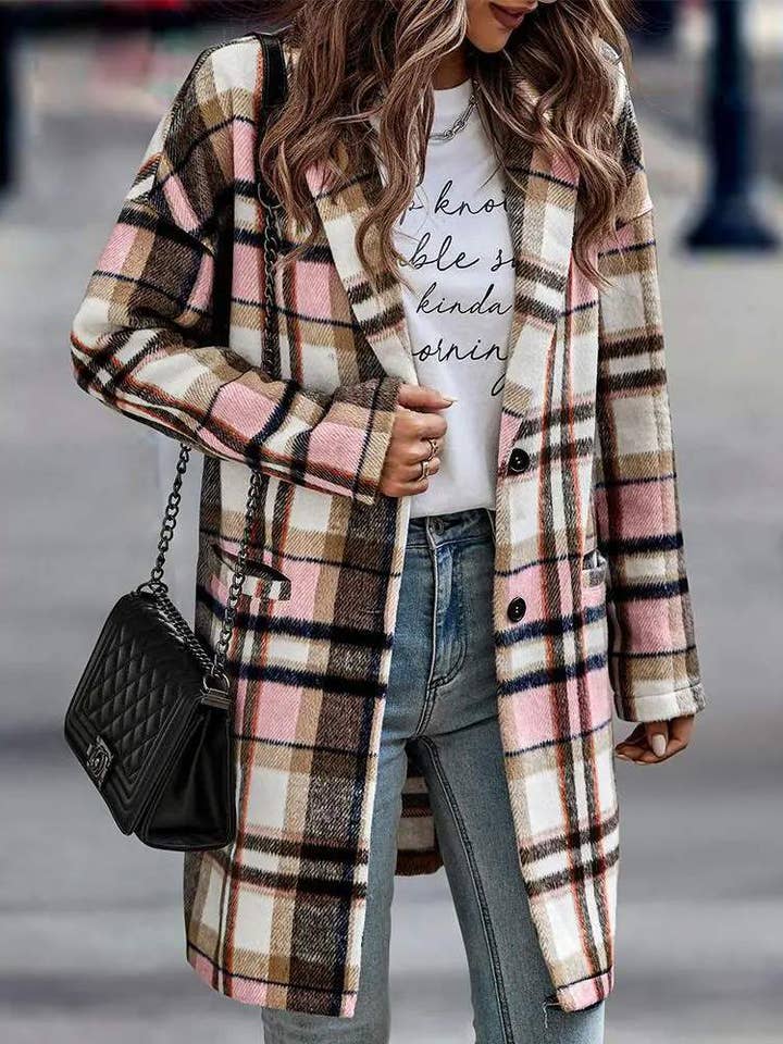 plaid print pocket detail long sleeve coat for wholesale by Queen Fashion