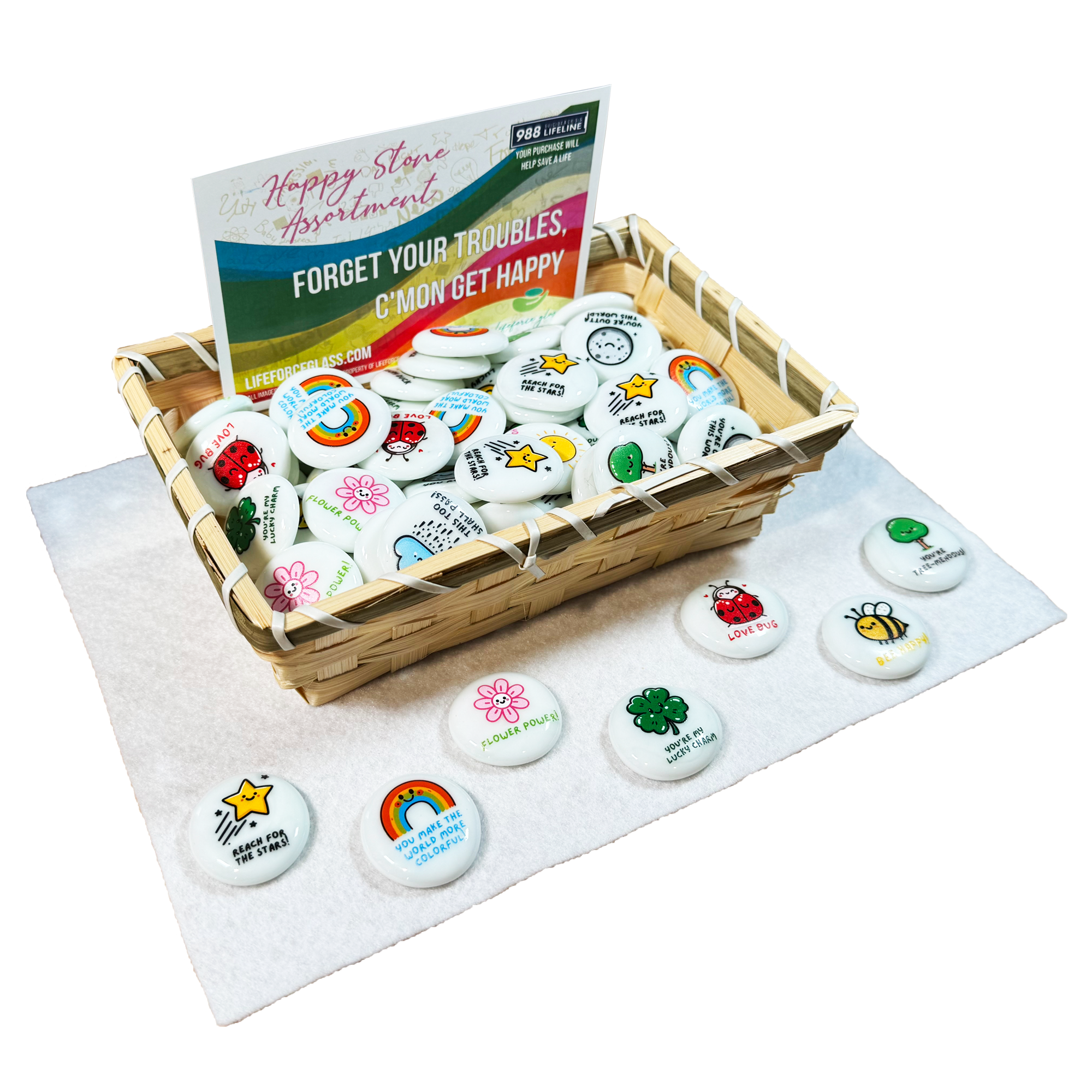 Lifeforce Glass, Inc. - Wholesale Verzamelmunt - Happy Stone-assortiment, 100 bedrukte glazen stenen3