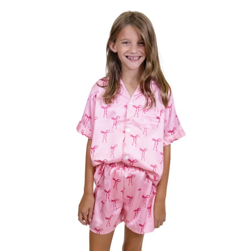 Jane Marie - Wholesale Sleepwear Set - Kids - Kids Tied with a Bow Satin Pajama Short Set0