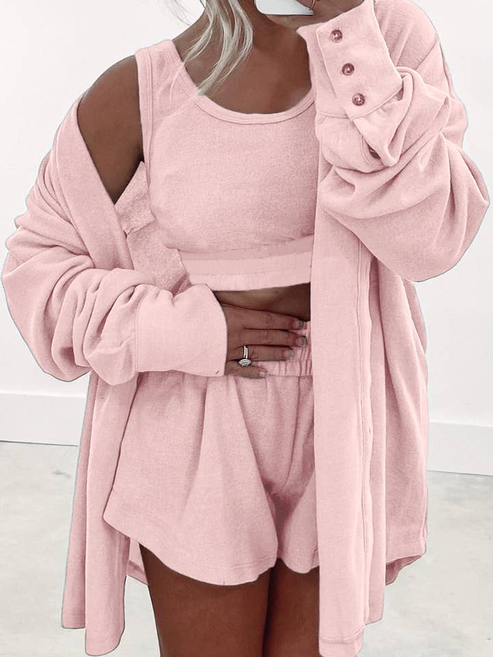 Babs + Birdie - Wholesale Lounge Set - Women's - Sheridan | 3 Pcs Crop Tank Shorts with Cardigan Lounge Set13