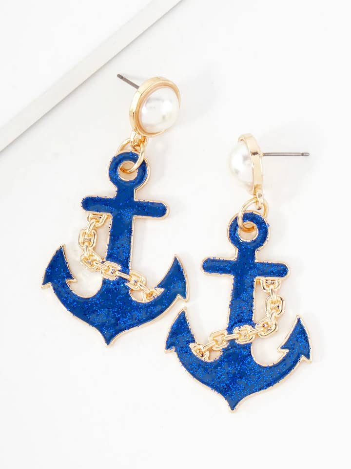 Nautical-Theme Enamel Anchor Drop Pearl Post Statement Earrings for wholesale by Wild Honey