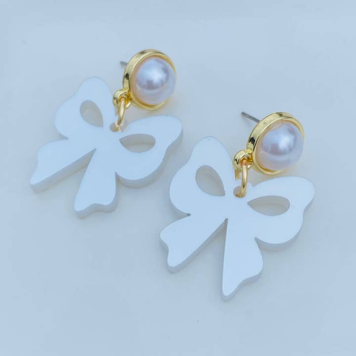 Pearls With Bow Custom Acrylic Earrings-Metallic White for wholesale by Sandy Lou Designs
