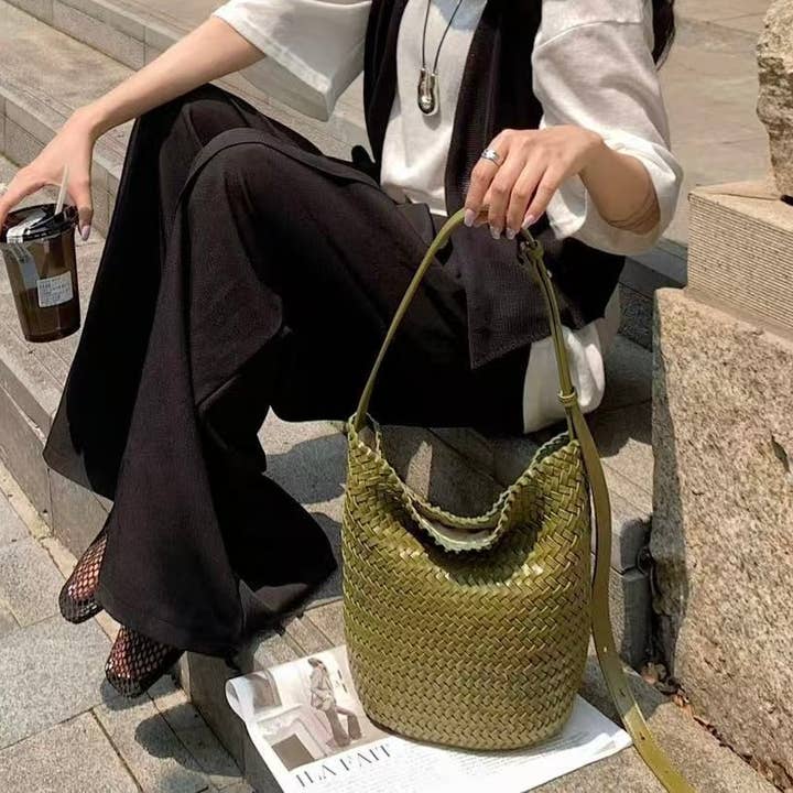 Sook Stainable - Wholesale Shoulder Bag - Women's - Leather Weaving Braid Bucket Shape Shoulder Crossbody Bag