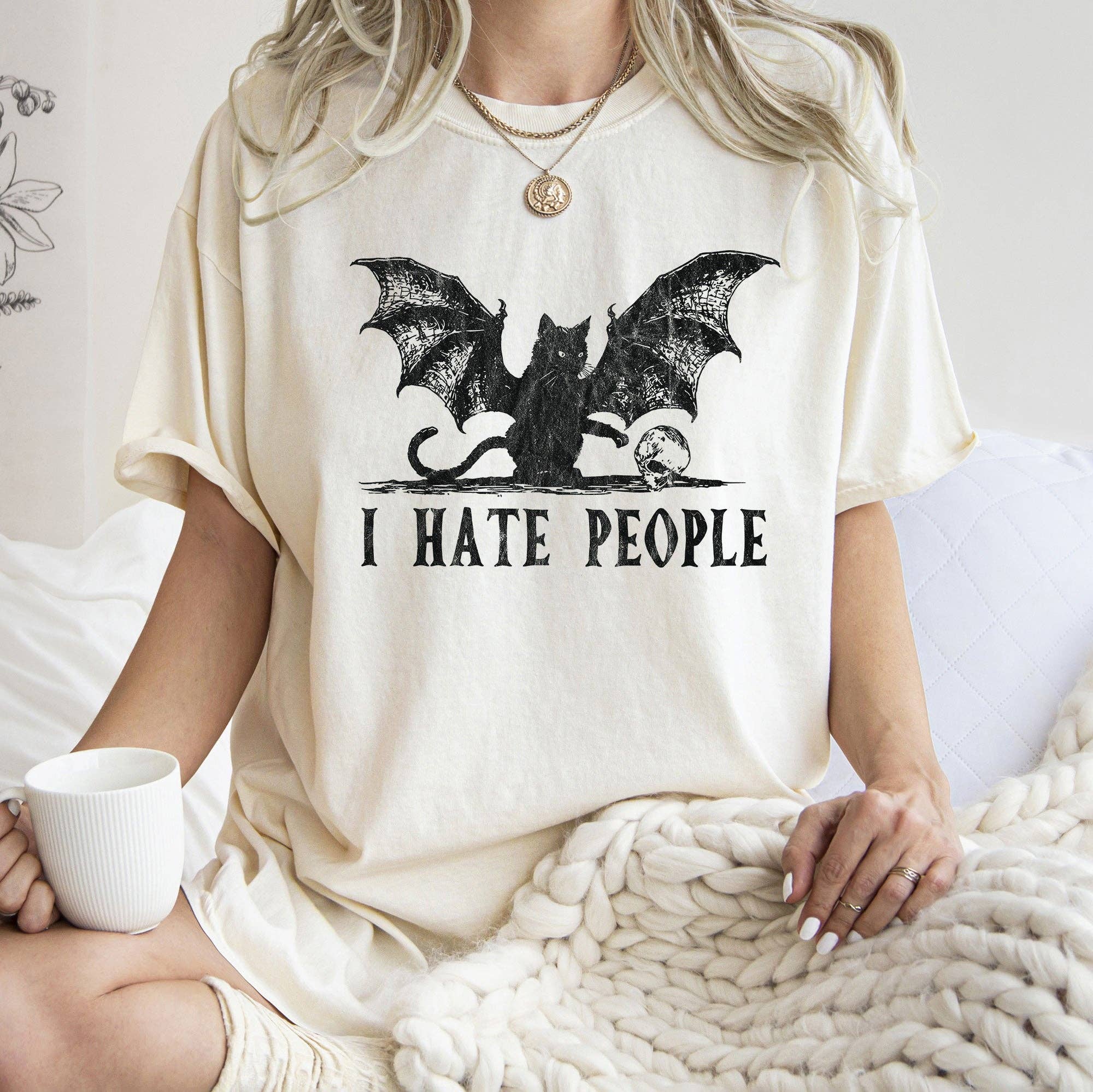 Refinery Number One LLC - Wholesale T-Shirt (Graphic) - Women's - I Hate People Cat Bat Retro Halloween T-shirt Black Print0