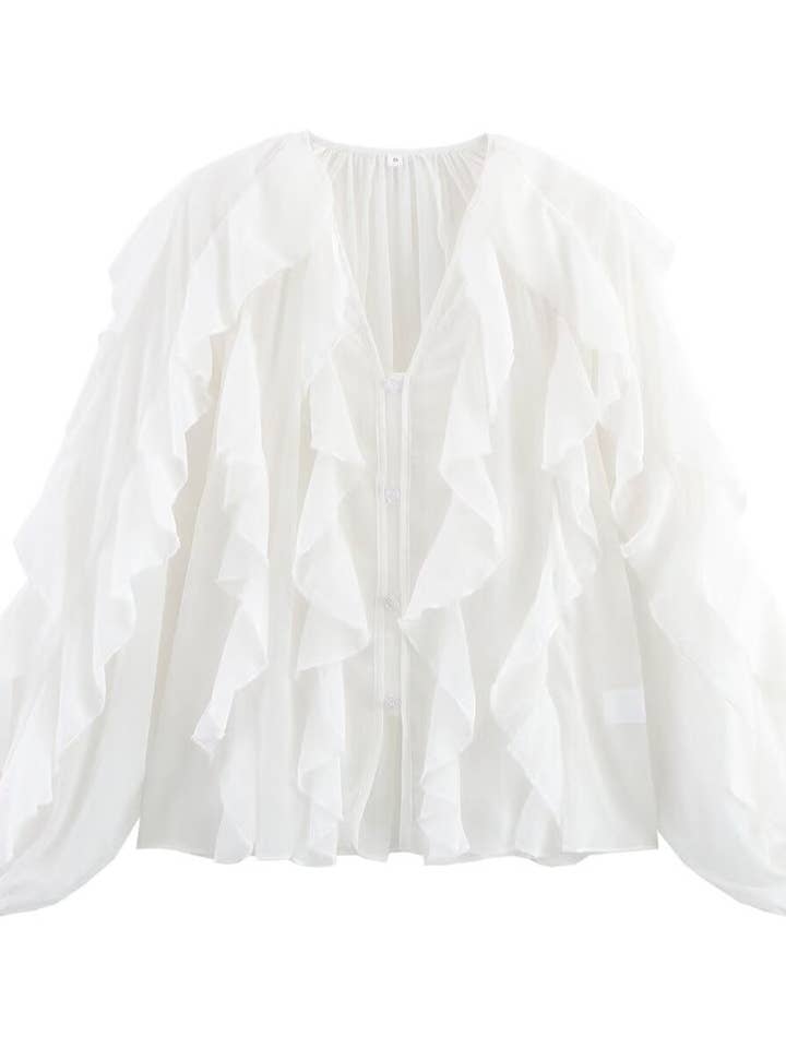 Marayn - Wholesale Blouse - Women's - Chic 2025 European Vneck Ruffled Layered Blouse B88827