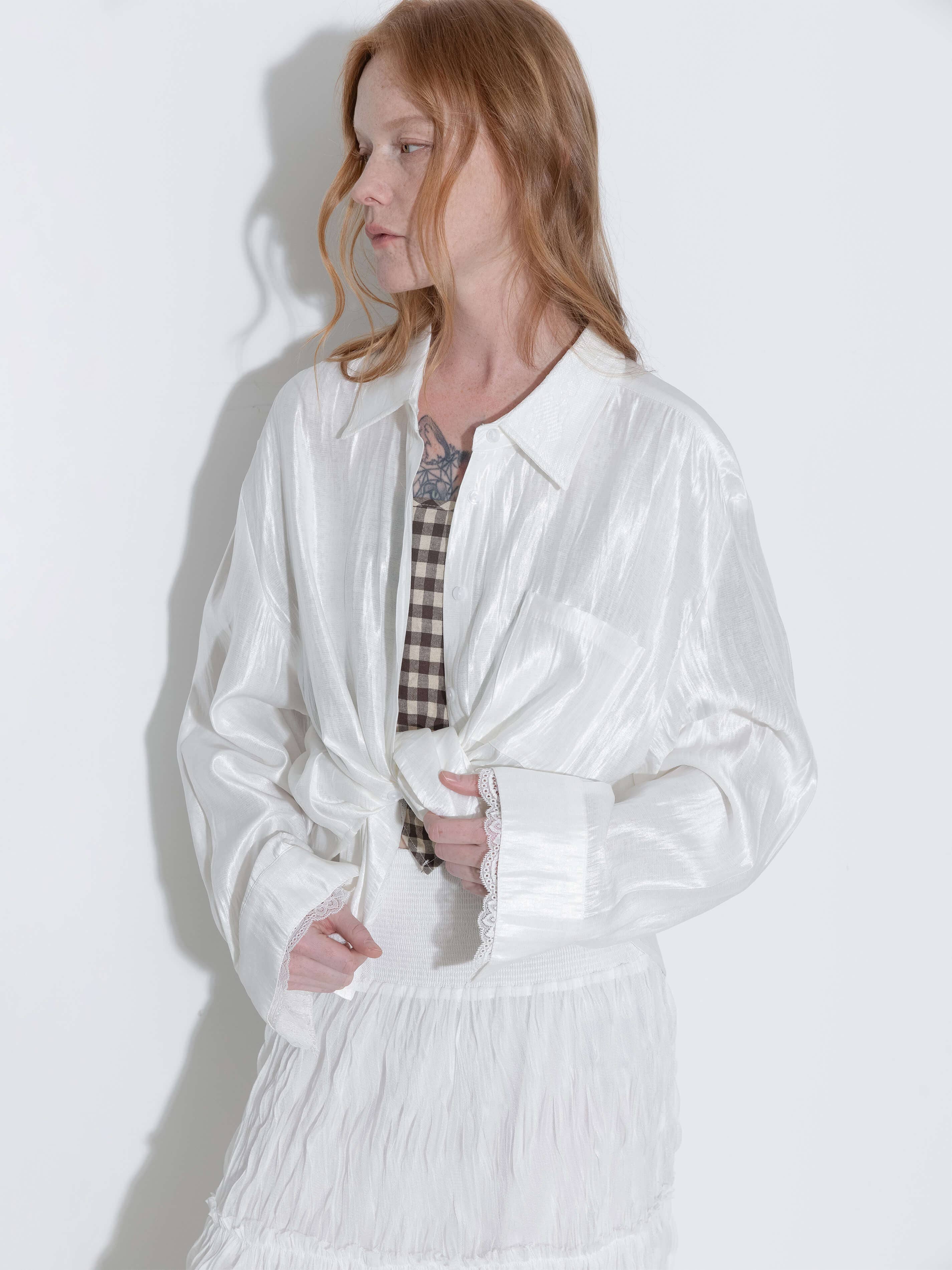 White Lace Patchwork Loose Long Sleeves Shirt for wholesale on Faire1