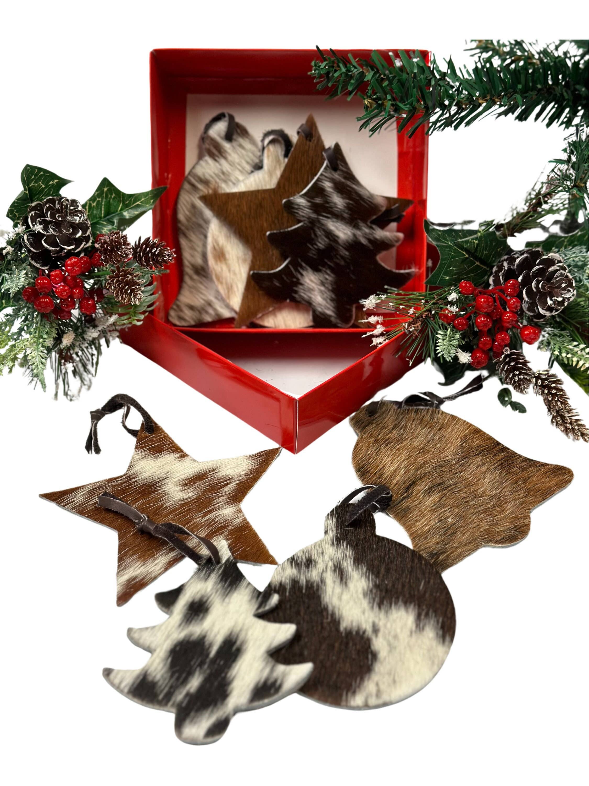 Cowhide Texas Store Inc - Wholesale Ornament Set - Cowhide Double-Sided Hair on Hide Christmas Ornament Box Set0