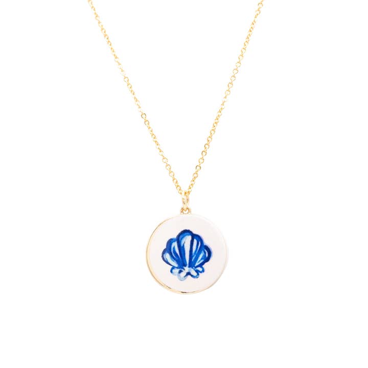 Enamel Clam Shell Charm 14k Gold Necklace Hypoallergenic for wholesale by Rebecca Accessories LLC