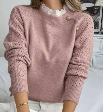 Rosa Clothing - Wholesale Knit Sweater - Women's - Openwork Long-Sleeve Sweater with Button-Front Design1