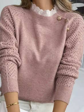 Rosa Clothing - Wholesale Knit Sweater - Women's - Openwork Long-Sleeve Sweater with Button-Front Design1