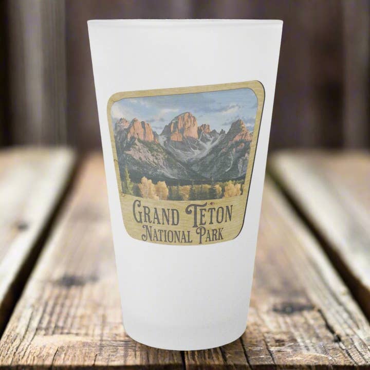 Grand Teton National Park Frosted Pint Glass Wood Sign Graphic for wholesale by Park Service Apparel