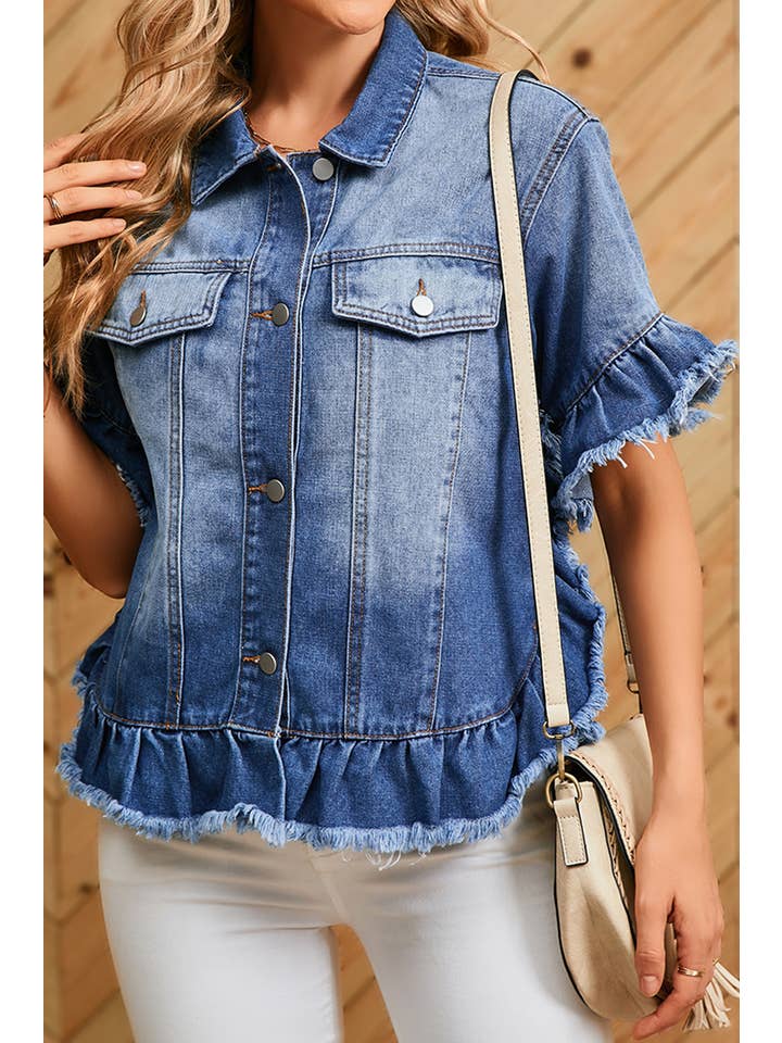 Aapparella - Wholesale Denim Jacket - Women's - Women Raw Edge Ruffled Short Sleeve Denim Jacket | S-XL