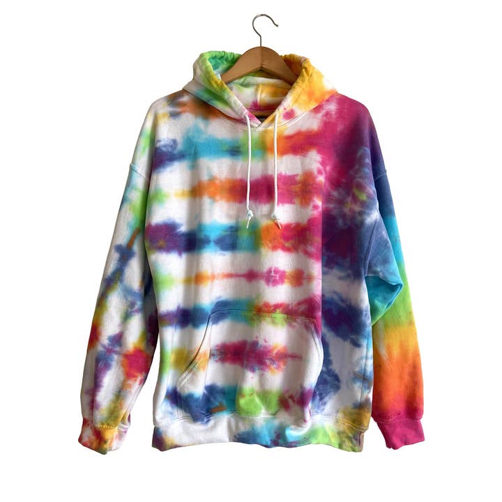 Moletom com capuz unissex tingido à mão arco-íris por atacado de TJ Indigo Clothing Co.