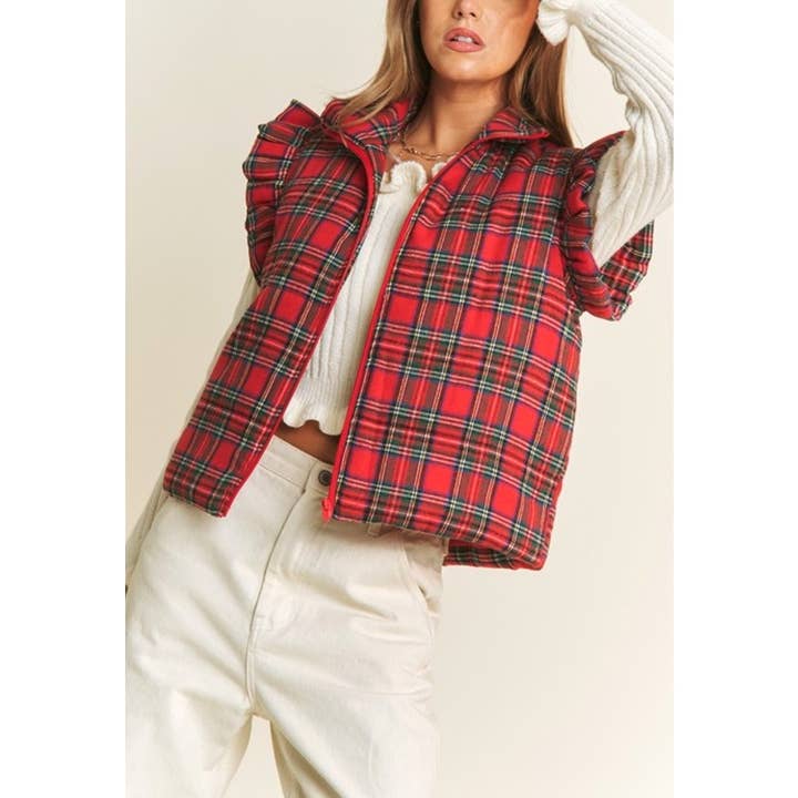 RED 9667 EVERYDAY PLAID PUFF ZIP UP VEST JACKET with ARMHOL for wholesale on Faire9