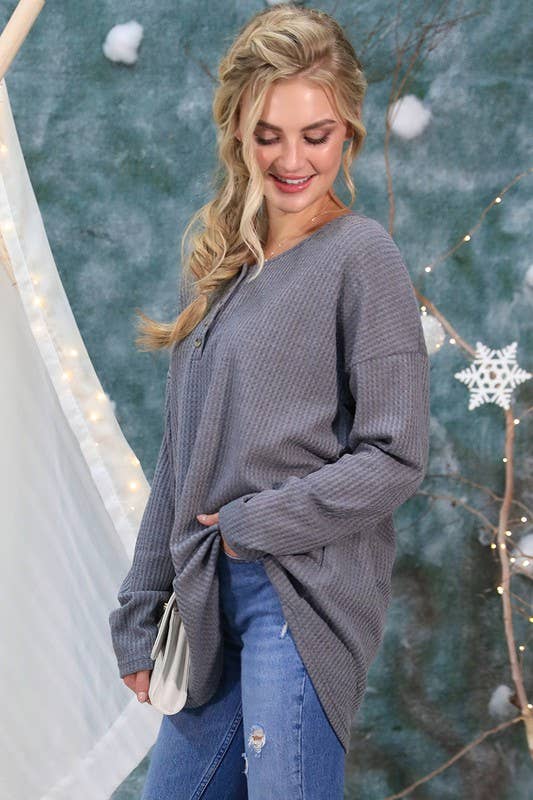 NINEXIS - Wholesale Knit Top - Women's - CWTTL450_BUTTON PLACKET LONG SLEEVE WAFFLE TOP9