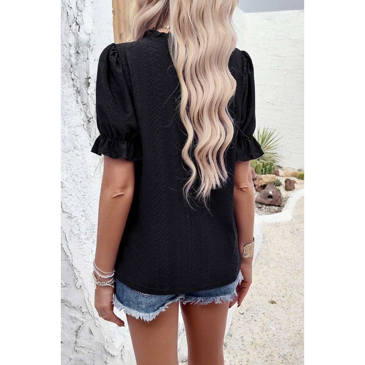 Supreme Fashion - Wholesale Blouse - Women's - Round Neck Embroidery Ruffle Sleeve Loose Fit Shirts2