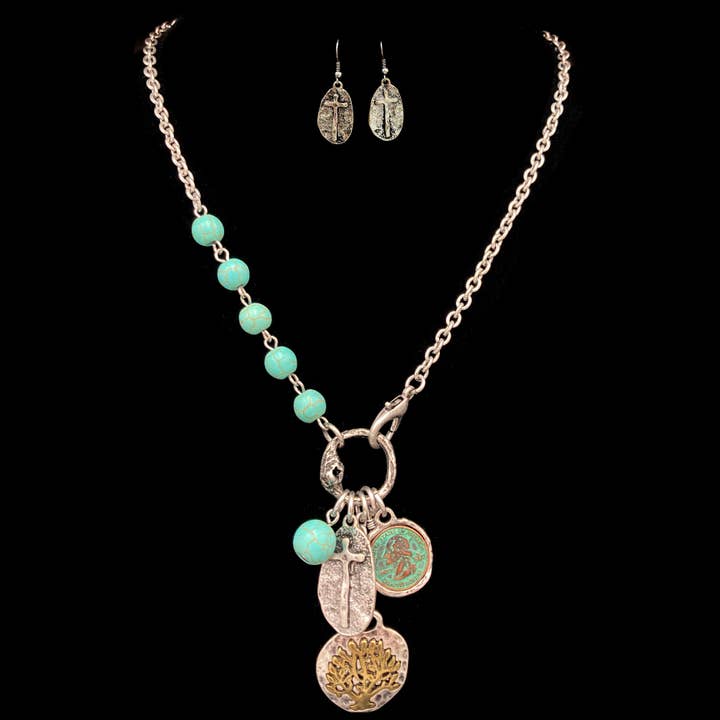 Lunar Deer - Wholesale Jewelry Set - Western Cross Charms Turquoise Beads Necklace Earring Set