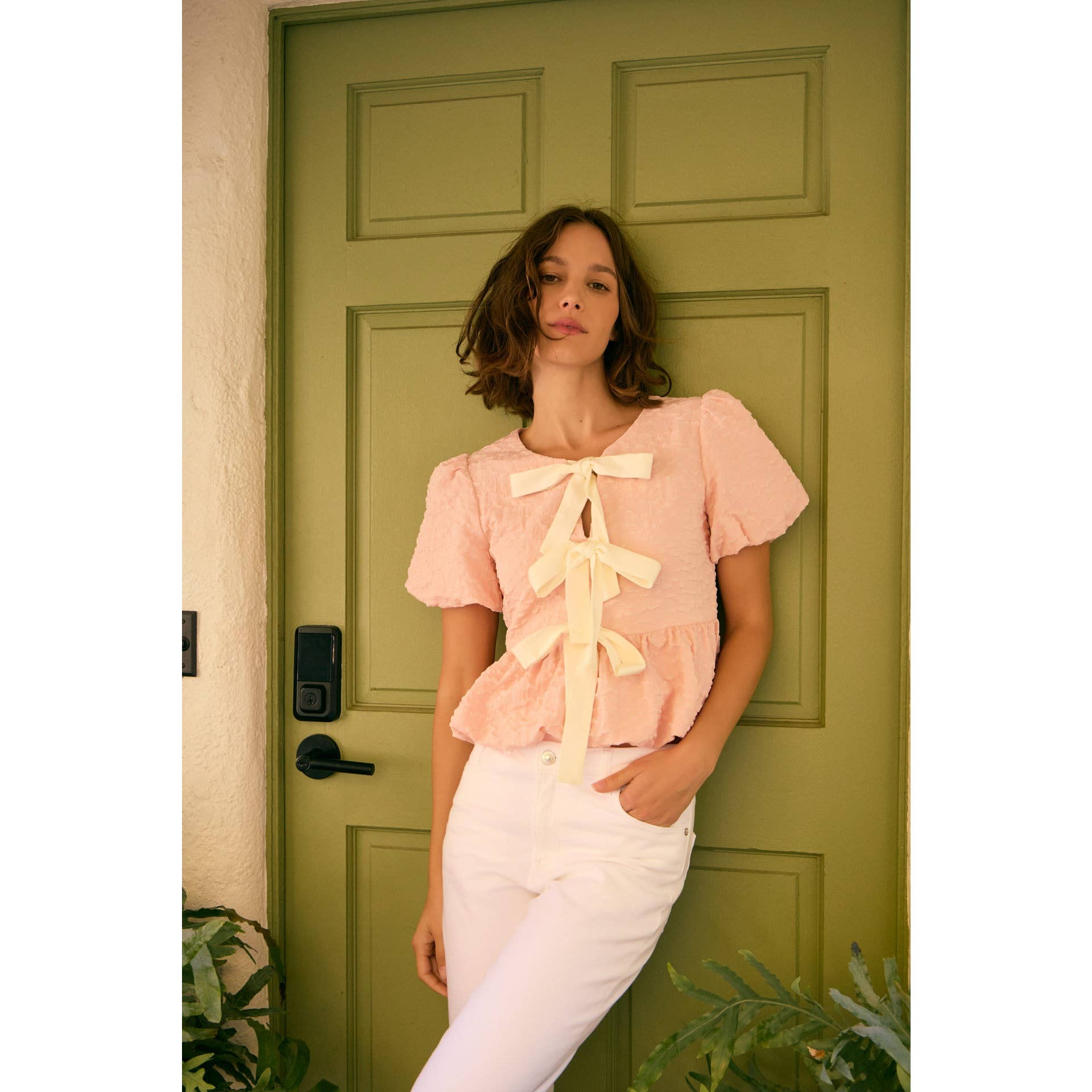 idem ditto - Wholesale Blouse - Women's - BUBBLE PEPLUM TOP WITH TEXTURED FABRIC AND BOW14