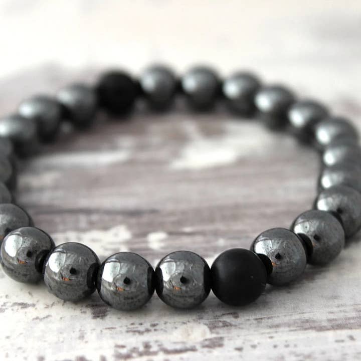 Black Hematite Mens Bracelet w/ Black Onyx & Lava Stone for wholesale by ManAndStone