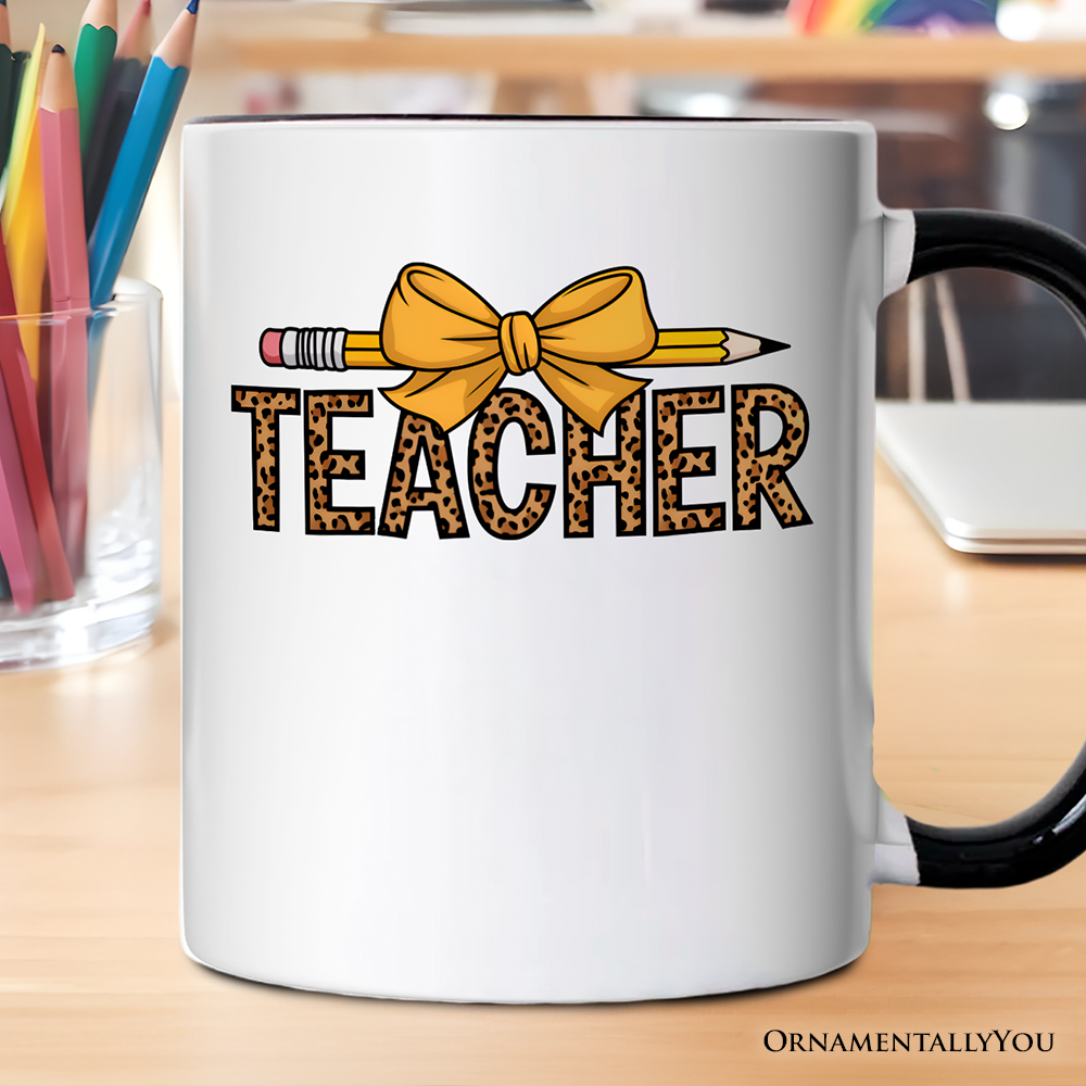 White Black Handle Teacher Leopard Pencil Personalized Mug, Coquette Bow Retro  for wholesale on Faire0