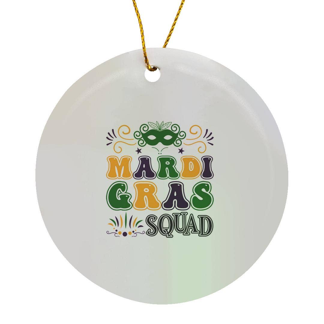 3dRose - Wholesale Ornament - 3dRose, Mardi Gras squad elegant colorful Mardi Gras text, image of a mask, Ornament0